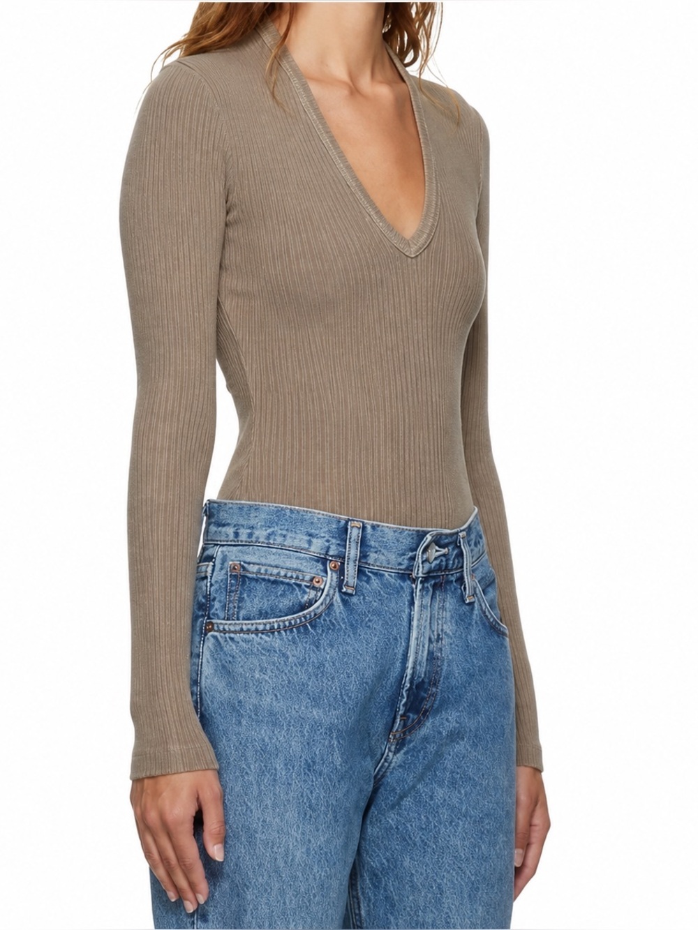 AGOLDE Tavi Deep V Thong Bodysuit Organic Cotton Taupe